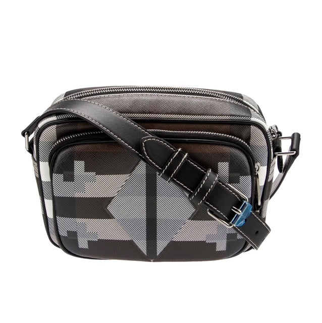 Calfskin Geometric Check Paddy Messenger Dark Birch Brown White