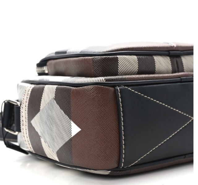 Calfskin Geometric Check Paddy Messenger Dark Birch Brown White